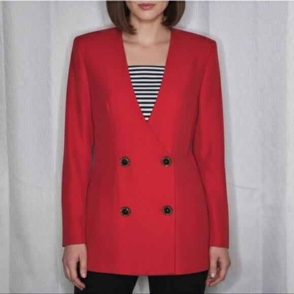 David Benjamin Vintage 80's Bold Red Double Breasted Tailored Fit Blazer Blouse - Picture 2 of 16